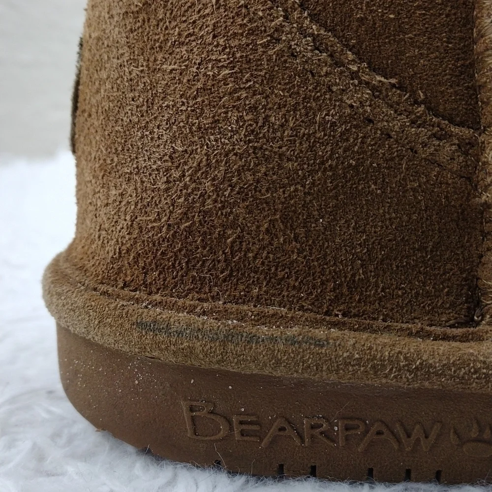 BEARPAW Emma Tan Suede Leather Wool Lining Mid Calf Slip On Boots